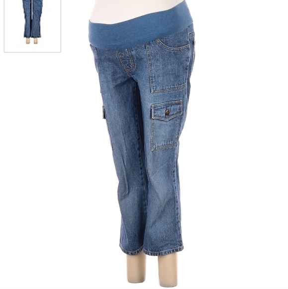 Take Nine Maternity Blue Denim Capris Women's Small S Elastic Panel Waist EUC - Picture 1 of 9